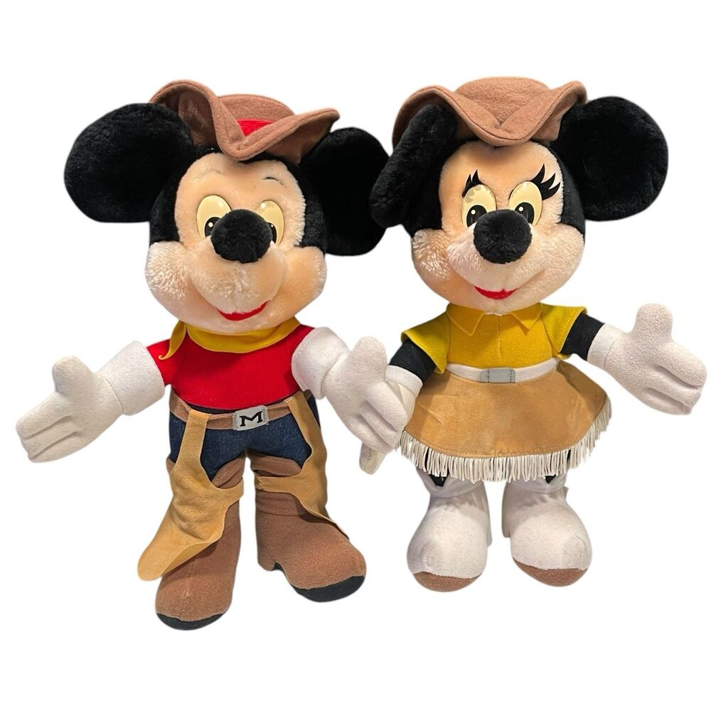 Vintage Mickey and Minnie Mouse Cowboy Plush Disneyland Walt Disney World Rare